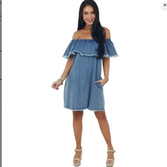 Umgee Blue Denim Fringed Ruffle Off Shoulder Dress Women’s Size Medium - Picture 2 of 10